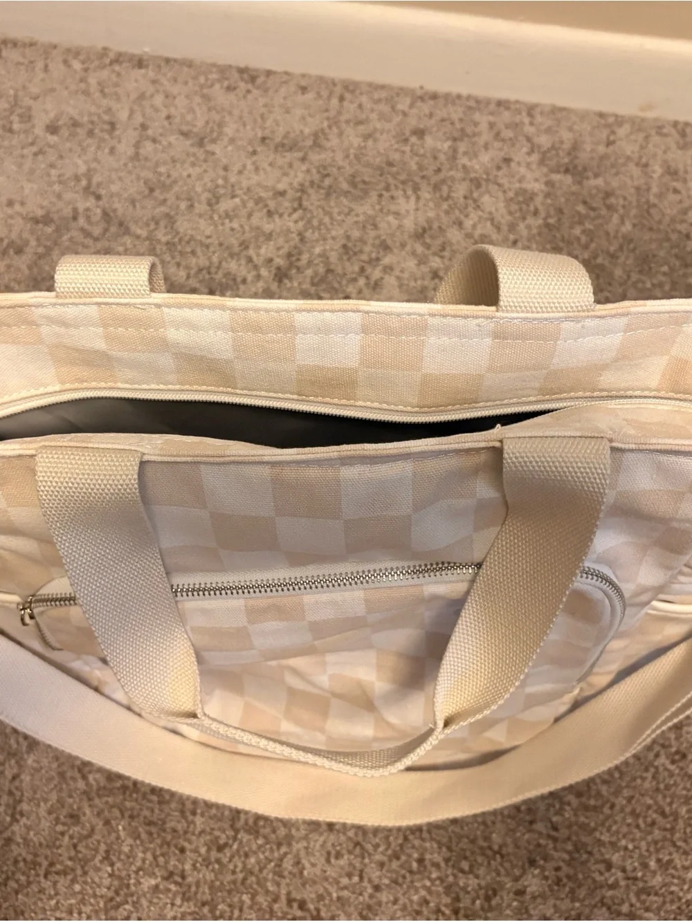 Canvas Checker Tote Bag Cooler in Cream